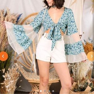 Hippie Shake Delta Dawn Ditsy Blue Floral Tie Top